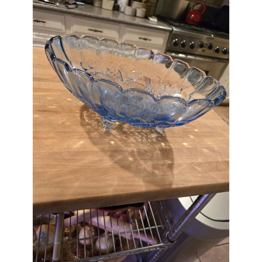 VTG Indiana Glass Ice Blue 4 Footed Serving Bowl Harvest Fruit Oval 12" by 9"